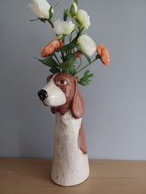 Load image into Gallery viewer, VILLAGE POTTERY TOP DOG VASE CERAMIC BROWN AND WHITE BASSETT HOUND VASE 26cm
