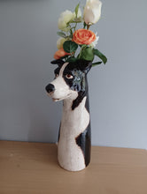 Load image into Gallery viewer, VILLAGE POTTERY TOP DOG VASE CERAMIC BLACK AND WHITE COLLIE DOG VASE 31cm
