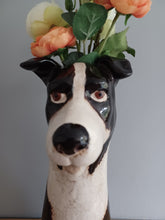 Load image into Gallery viewer, VILLAGE POTTERY TOP DOG VASE CERAMIC BLACK AND WHITE COLLIE DOG VASE 31cm
