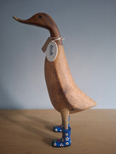 Load image into Gallery viewer, DCUK Wooden Duck Named Maddison Blue Floral Boots 35cm Free Gift Box
