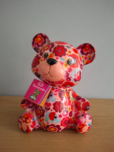 Pomme Pidou TOTO TEDDY BEAR Money Box Decoupage Ceramic Piggy Bank With Stopper Pink Floral