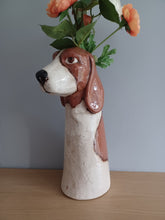 Load image into Gallery viewer, VILLAGE POTTERY TOP DOG VASE CERAMIC BROWN AND WHITE BASSETT HOUND VASE 26cm
