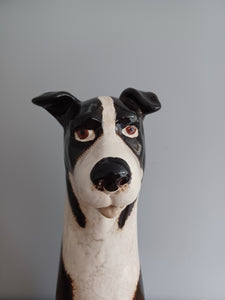 VILLAGE POTTERY TOP DOG VASE CERAMIC BLACK AND WHITE COLLIE DOG VASE 31cm