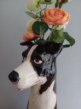 Load image into Gallery viewer, VILLAGE POTTERY TOP DOG VASE CERAMIC BLACK AND WHITE COLLIE DOG VASE 31cm
