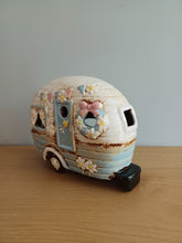 Load image into Gallery viewer, Village Pottery BLUE CARAVAN Tea Light Holder Ceramic Gift 18cm NEW
