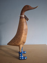 Load image into Gallery viewer, DCUK Wooden Duck Named Maddison Blue Floral Boots 35cm Free Gift Box
