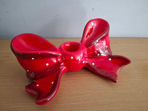Ruby Red Ribbon Bow Ceramic Candle Holder McGowan and Rutherford