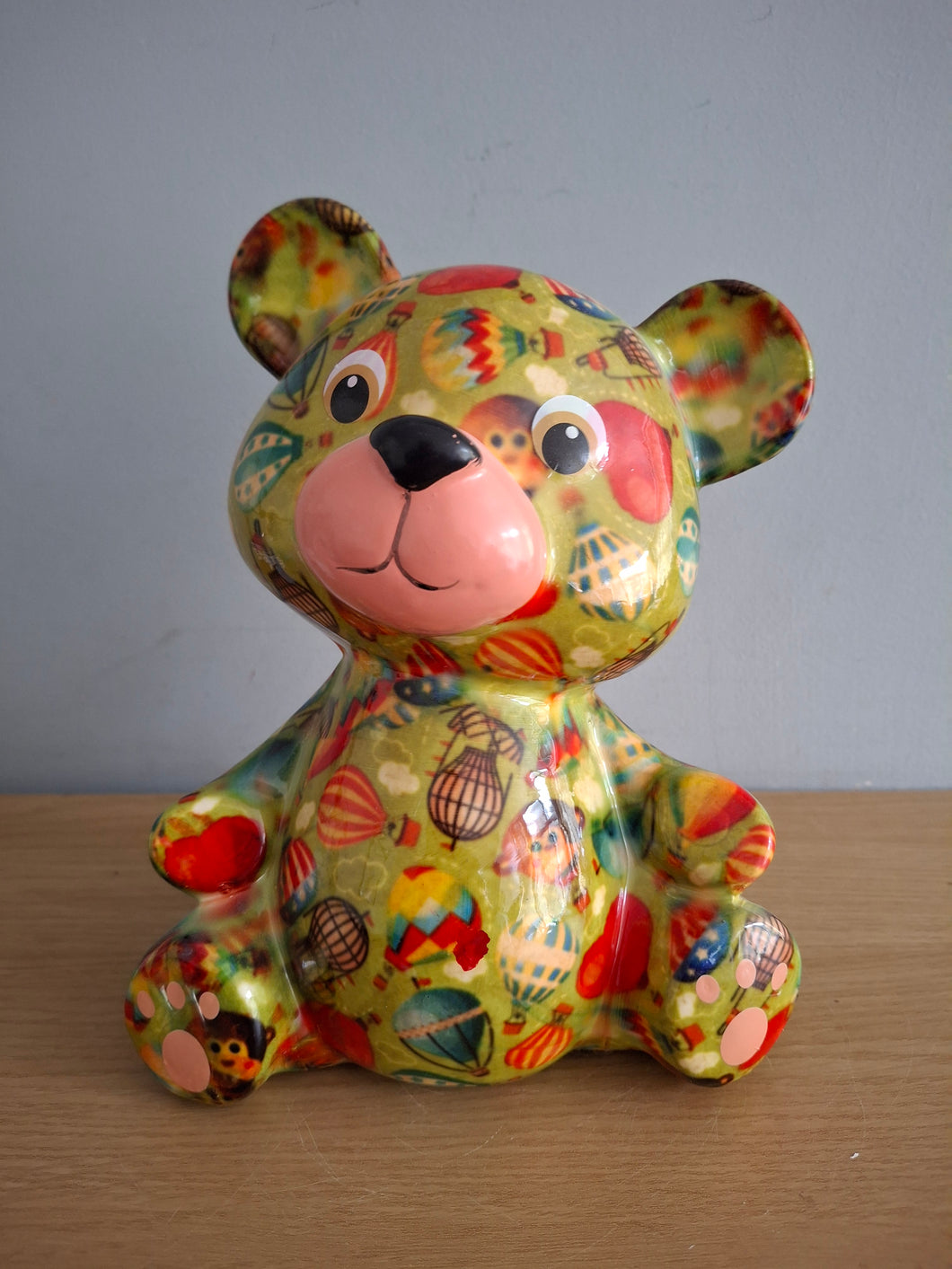 Pomme Pidou TOTO TEDDY BEAR Money Box Green Decoupage Ceramic Piggy Bank With Stopper