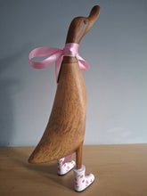 Load image into Gallery viewer, DCUK Wooden Duck Named Ella Pink Floral Boots 35cm Free Gift Box
