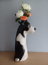 Load image into Gallery viewer, VILLAGE POTTERY TOP DOG VASE CERAMIC BLACK AND WHITE COLLIE DOG VASE 31cm
