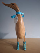 Load image into Gallery viewer, DCUK Wooden Duck Named MOLLY Teal Floral Boots 35cm Free Gift Box
