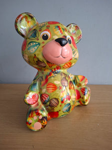 Pomme Pidou TOTO TEDDY BEAR Money Box Green Decoupage Ceramic Piggy Bank With Stopper