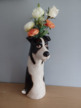 Load image into Gallery viewer, VILLAGE POTTERY TOP DOG VASE CERAMIC BLACK AND WHITE COLLIE DOG VASE 31cm
