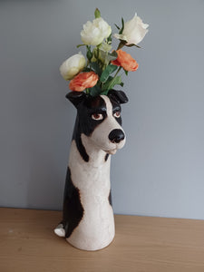 VILLAGE POTTERY TOP DOG VASE CERAMIC BLACK AND WHITE COLLIE DOG VASE 31cm