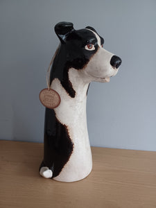 VILLAGE POTTERY TOP DOG VASE CERAMIC BLACK AND WHITE COLLIE DOG VASE 31cm