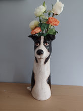 Load image into Gallery viewer, VILLAGE POTTERY TOP DOG VASE CERAMIC BLACK AND WHITE COLLIE DOG VASE 31cm
