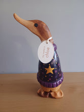 Load image into Gallery viewer, DCUK Stargazing Duckling Purple Named CHLOE Handpainted Wooden Duck Ornament Christmas Gift With Gift Bag 22cm
