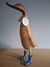 Load image into Gallery viewer, DCUK Wooden Duck Named Maddison Blue Floral Boots 35cm Free Gift Box
