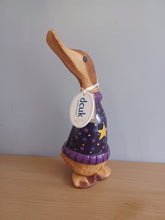 Load image into Gallery viewer, DCUK Stargazing Duckling Purple Named CHLOE Handpainted Wooden Duck Ornament Christmas Gift With Gift Bag 22cm
