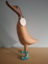Load image into Gallery viewer, DCUK Wooden Duck Named LOUISE Teal Floral Boots 35cm Free Gift Box
