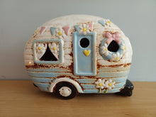 Load image into Gallery viewer, Village Pottery BLUE CARAVAN Tea Light Holder Ceramic Gift 18cm NEW
