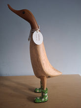 Load image into Gallery viewer, DCUK Wooden Duck Named Karen Green Floral Boots 35cm Free Gift Box
