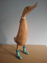Load image into Gallery viewer, DCUK Wooden Duck Named LOUISE Teal Floral Boots 35cm Free Gift Box
