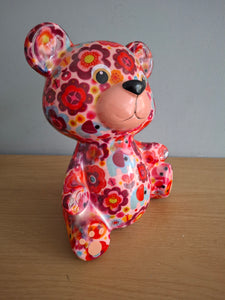 Pomme Pidou TOTO TEDDY BEAR Money Box Decoupage Ceramic Piggy Bank With Stopper Pink Floral