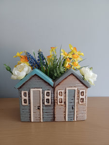 Beach Huts Flower Plant Pot Planter Grey Blue Ceramic Plant Pot by Quay Traders