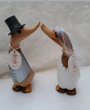 Load image into Gallery viewer, DCUK WOODEN WEDDING DUCK Mr &amp; Mrs Bride and Groom Wedding Duck With FREE New Design Gift Bag. Hand Carved Hand Painted Wedding Gift
