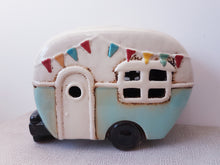 Load image into Gallery viewer, Retro Ceramic Village Pottery Aqua CARAVAN MONEY BOX Piggy Bank Gift Ornament Decoration 18cm Long
