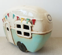 Load image into Gallery viewer, Retro Ceramic Village Pottery Aqua CARAVAN MONEY BOX Piggy Bank Gift Ornament Decoration 18cm Long
