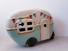 Load image into Gallery viewer, Retro Ceramic Village Pottery Aqua CARAVAN MONEY BOX Piggy Bank Gift Ornament Decoration 18cm Long
