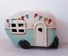 Load image into Gallery viewer, Retro Ceramic Village Pottery Aqua CARAVAN MONEY BOX Piggy Bank Gift Ornament Decoration 18cm Long
