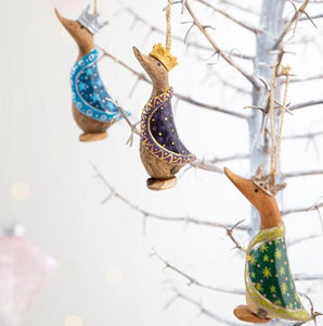 DCUK Christmas Tree Hanging Decorations SET OF THREE KINGS With Gift Bag Green Purple and Blue Miniature Duck 10cm Tall Hand Carved Hand Painted Gift Ornament.